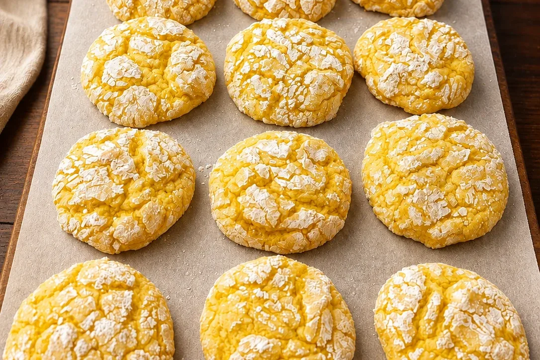 Lemon crinkle cookies on parchment, their golden tops cracked open through a dusting of powdered sugar.